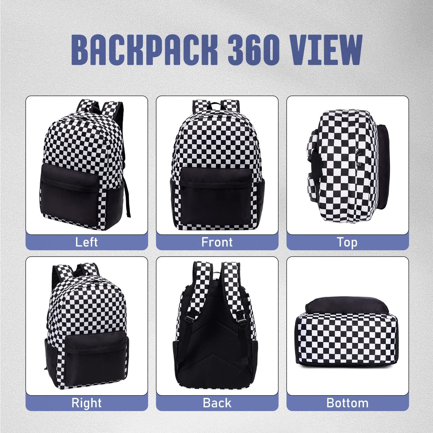 UREYMX Checkered Backpack - School Backpack for Kids, Large Capacity, Waterproof, Lightweight, Black