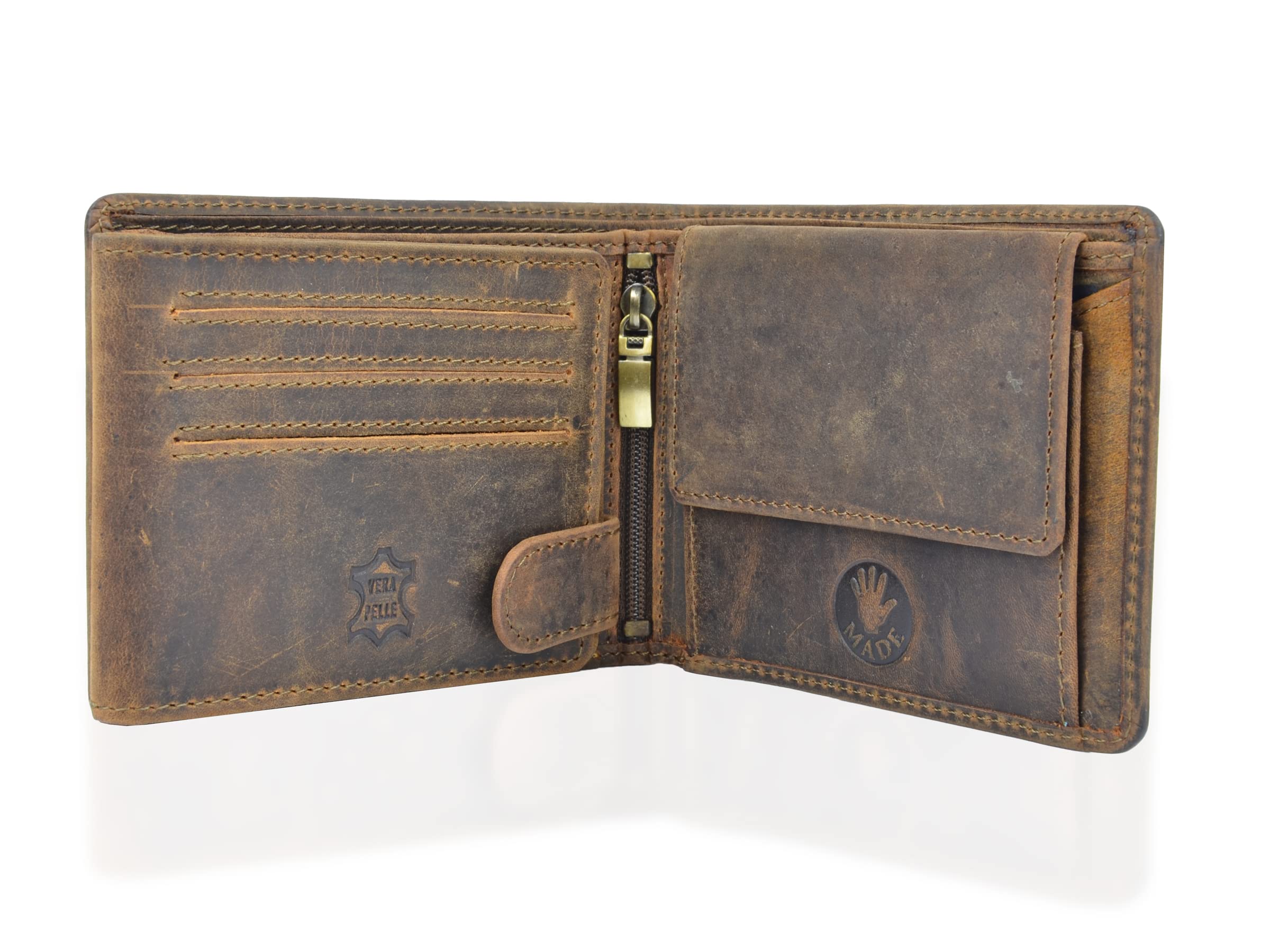 Billetera para Hombre de Cuero Genuino - Billetera Grande de Cuero con Bolsillo para Monedas – Marrón Vintage - Caballo - 12 x 9 x 3 cm
