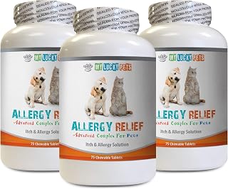 cat Allergy Test - PET Allergy Relief - for Dogs and Cats - Lucky Itch Solution - Keep Fur Healthy - Natural pet Skin and Itch Cats - 3 Bottles (225 Chewable Tablets)