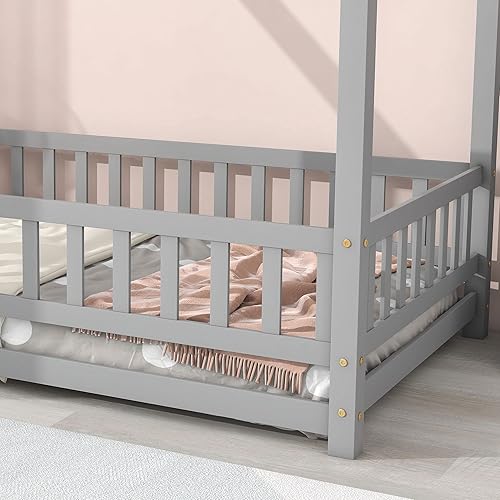 Miniatura 4 de i-POOK Cama de casa de tamaño individual, cama de piso de madera con barandillas de techo y valla, cama Montessori para niños, niñas y niños, gris