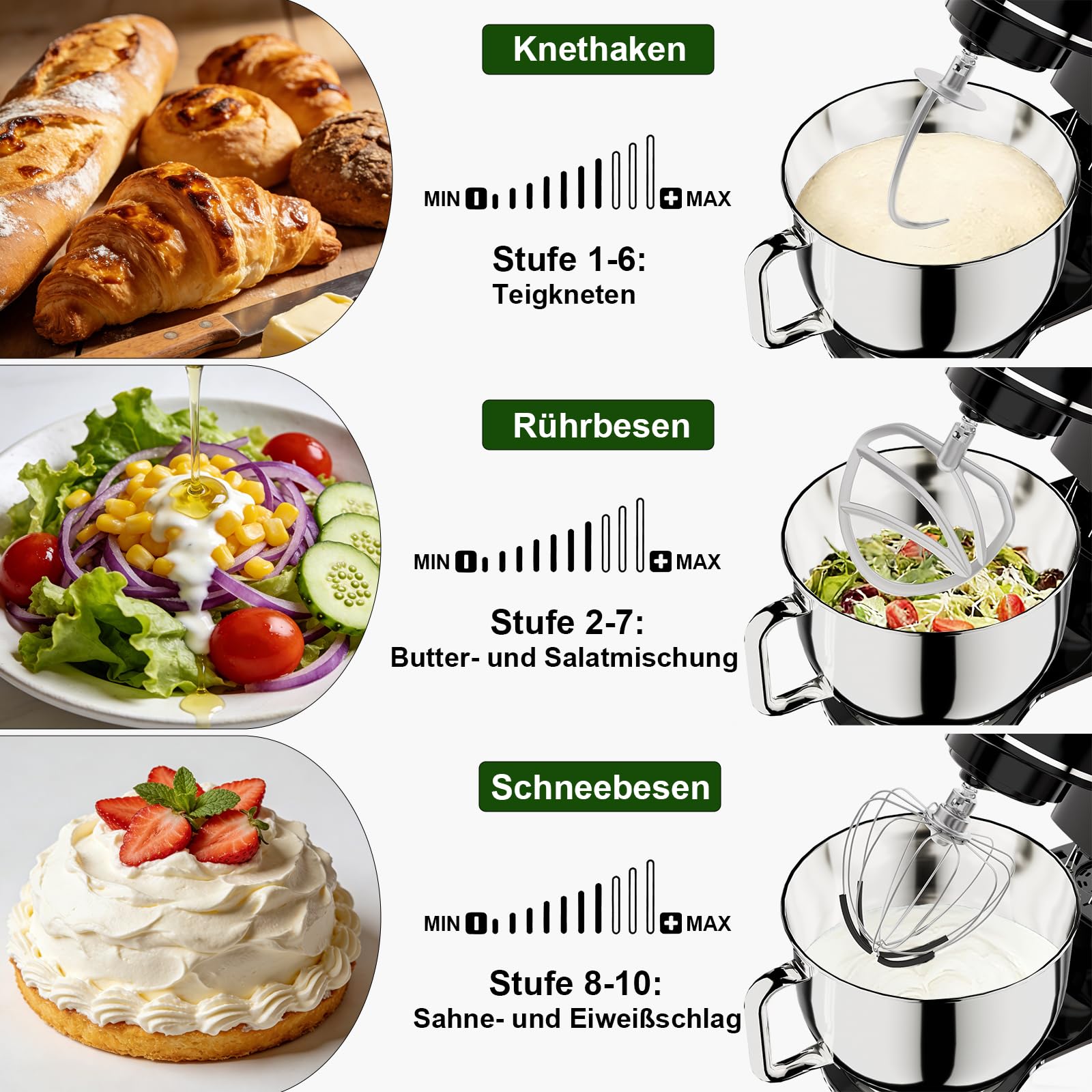 Camic Küchenmaschine - 2000W - Teigmaschine 10 Stufen mit Tragegriff, Edelstahl Rührschüssel (7L), Knetmaschine mit Rührhaken, Knethaken, Schlagbesen und Spritzschutz