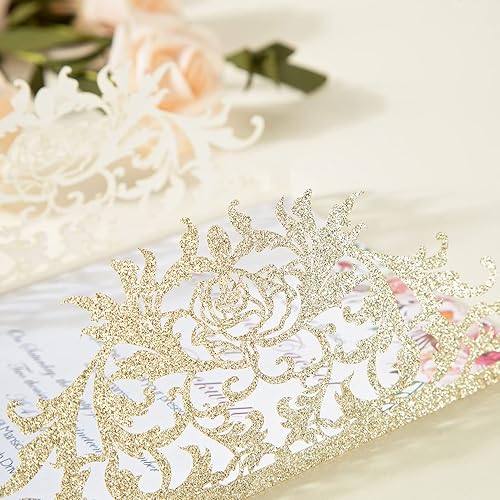 Miniatura 7 de 25 invitaciones de boda con purpurina cortadas con láser con sobres y tarjetas RSVP, hoja interior en blanco, champán personalizado para compromiso,