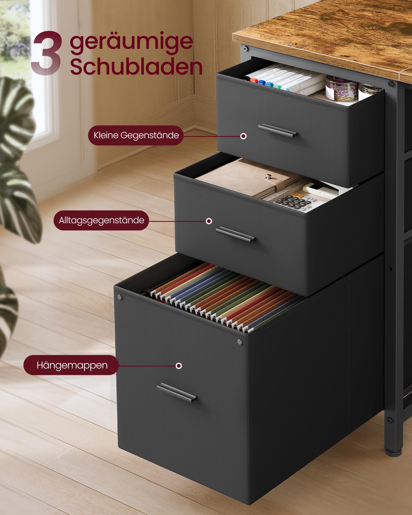 VASAGLE L-Form Schreibtisch, Eckschreibtisch mit Steckdosen und LED-Beleuchtung, Computertisch mit 3 Schubladen und Monitorständer, 140 x 100 x 150 cm, Vintagebraun-Schwarz, LWD162K101