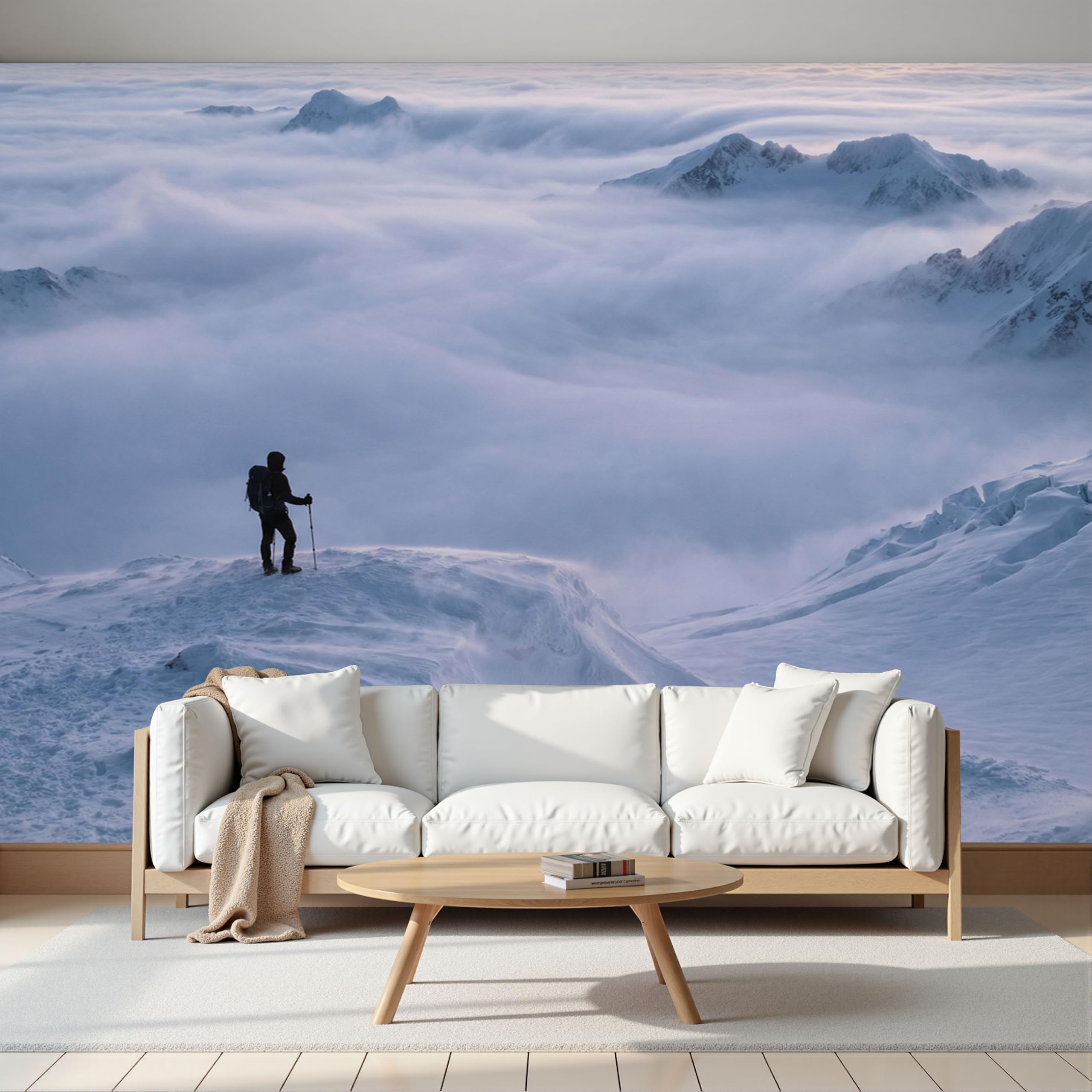 Effet 3D montagnes enneigées papier peint panoramique soie salon