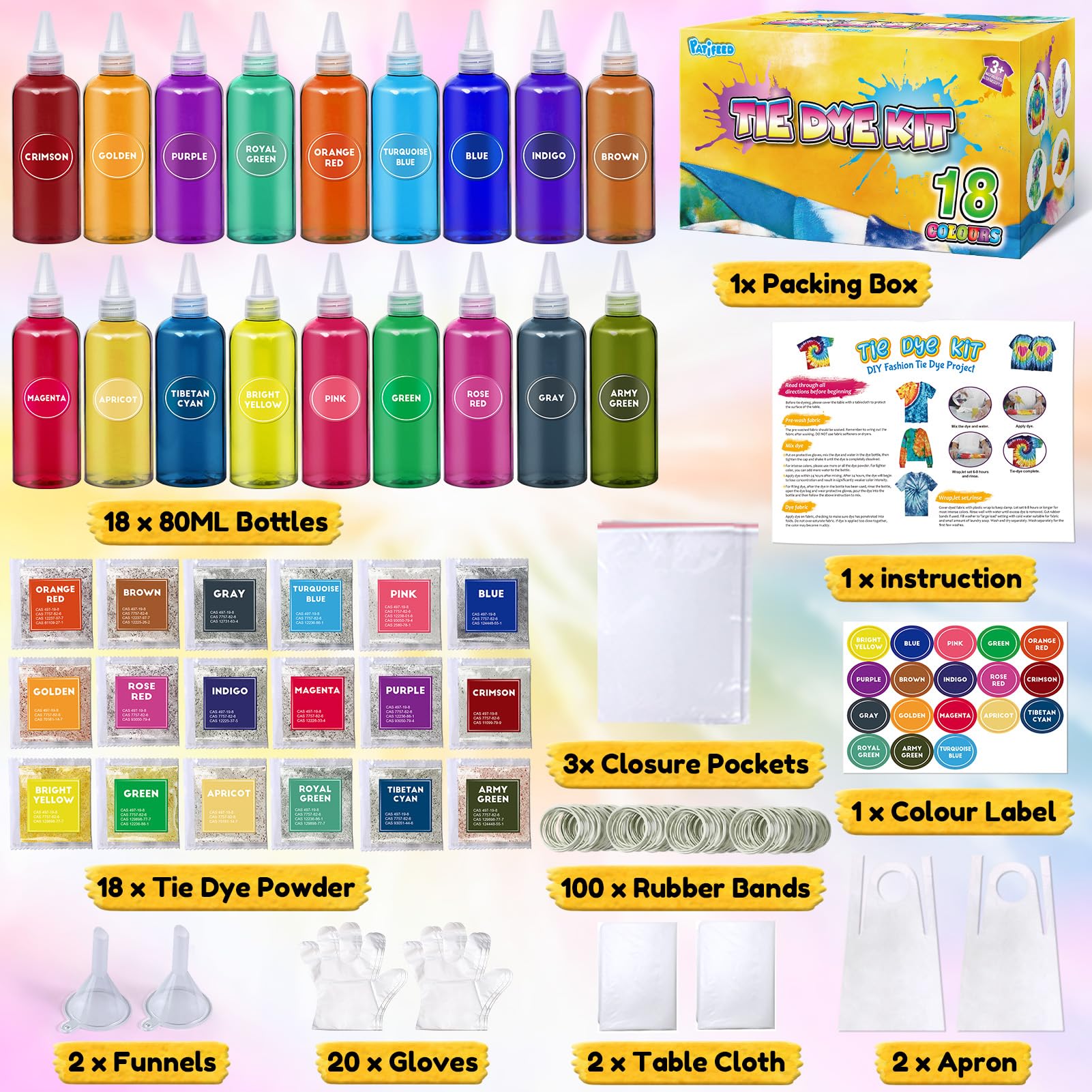PATIFEED Tie Dye Kit for Kids and Adults 18 Colours 80ML Bottles Tye Dye Kits - Image 3
