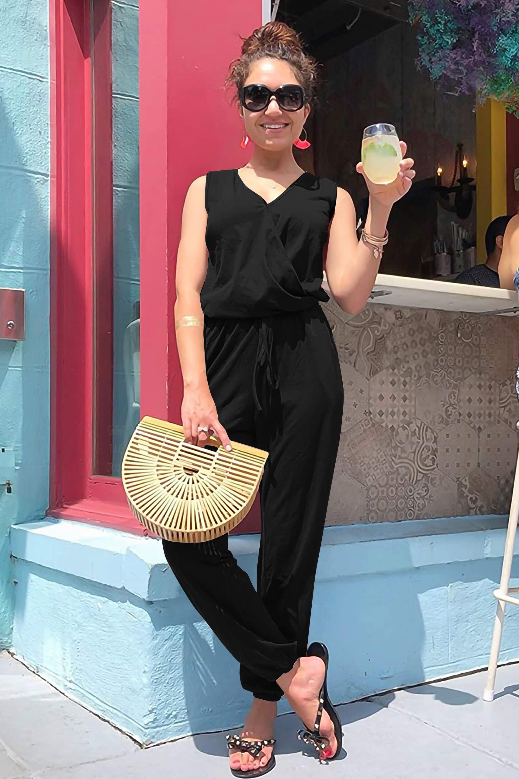 Jumpsuit for Damen Sommer Elegant Playsuit Casual Overall ärmellos Romper Verstellbarer Bund V-Ausschnitt mit Taschen