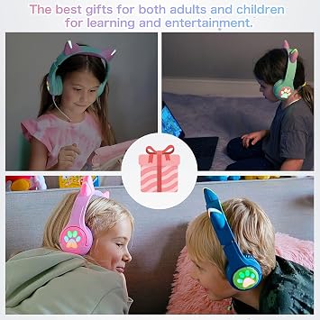 Riwbox CF9 Cat Ear Kids Bluetooth Headphones with LED Light Up,Safe 85dB Volume Limit,Built-in Mic&Boom Mic for Calls,Kids Wireless&Wired Headphones for Tablet/Airplane/School/Online Learning (Green)