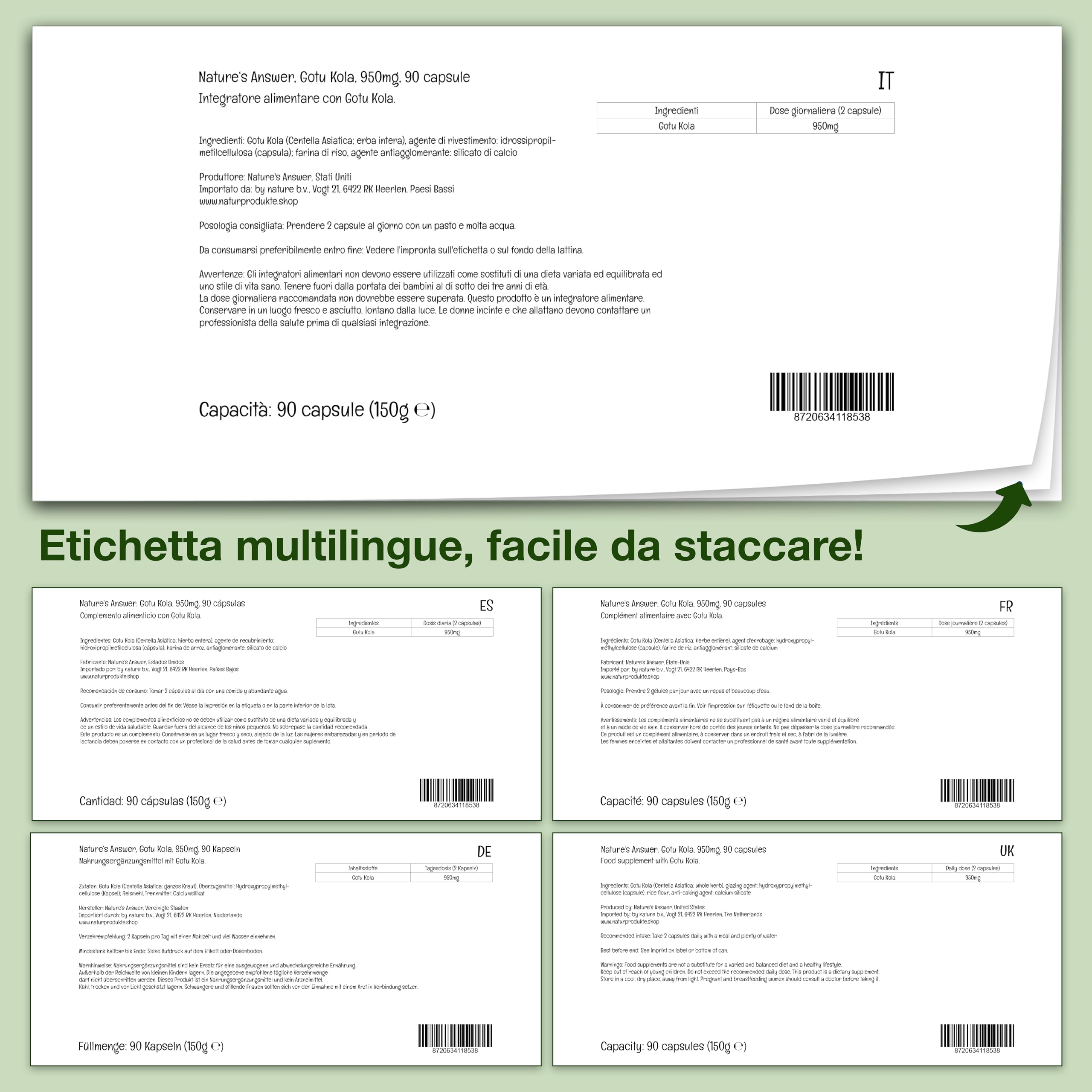 Nature's Answer, Gotu Kola, 950mg, 90 Capsule vegane, Testato in Laboratorio, Senza Glutine, Senza Soia, Vegetariano