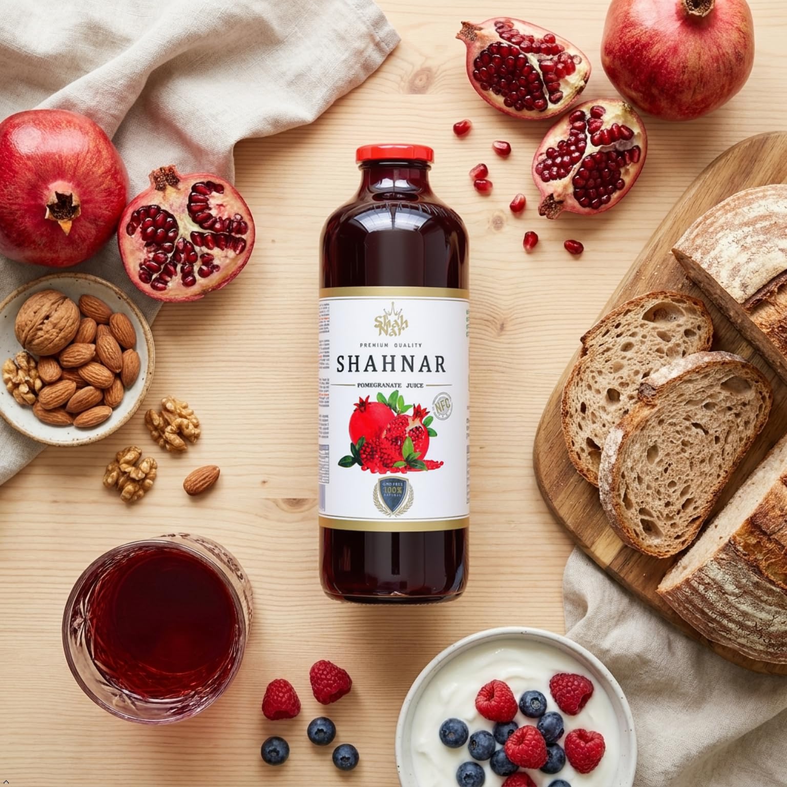 SHAHNAR 6 x 1L Granatapfelsaft – 100% Direktsaft aus Granatapfelkernen, Naturtrüb, Kaltgepresst, Ungefiltert, Ohne Zuckerzusatz, Premium-Qualität aus Aserbaidschan