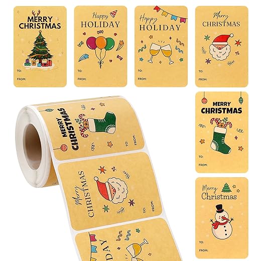 300 Pcs Christmas Gift Tags, Self Adhesive Christmas Tags Stickers for Gift Wrapping and Labeling, 6 Designs Kraft Paper with to and from, 2 x 3 inch