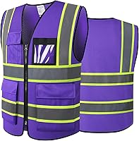 Vista 8 de Chaleco de seguridad reflectante de alta visibilidad para hombres y mujeres con bolsillos y cremallera frontal, cumple con los estándares ANSI/ISEA