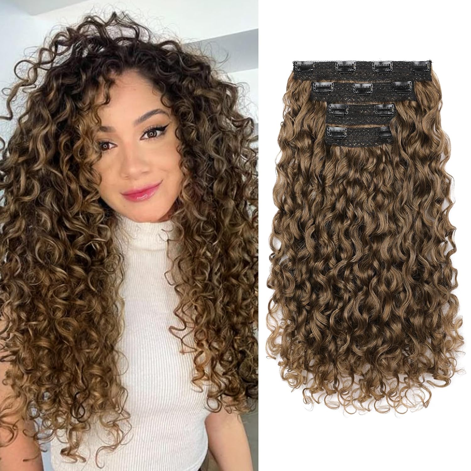 REECHO Curly Hair Extensions – 4PCS 18″ GoGo Clip in Hair Extensions 100% Super Protein Hairpieces with Invisible Lace Weft Silky Soft Natural Look for Women – Golden Walnut