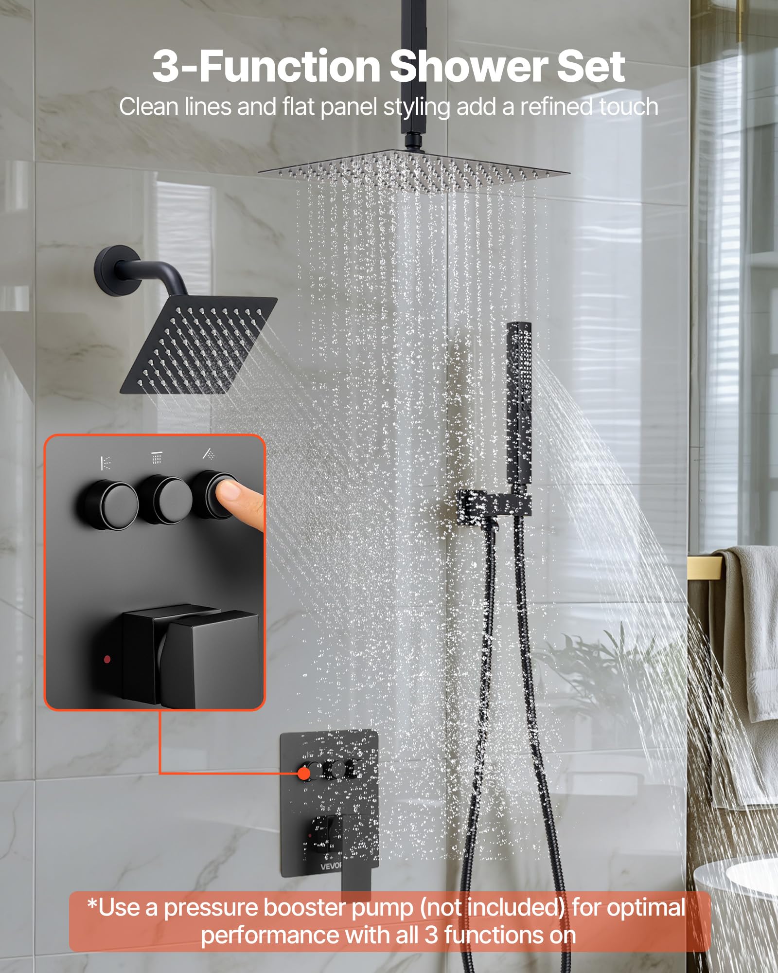 VEVOR Sistema de Ducha, Incluye Ducha de Lluvia de 25,4 cm, Cabezal de Pared de 15,24 cm, Cabezal de Lluvia Doble Giratorio 3 Funciones, Válvula de Latón y Kit de Embellecedor, Color Negro Mate