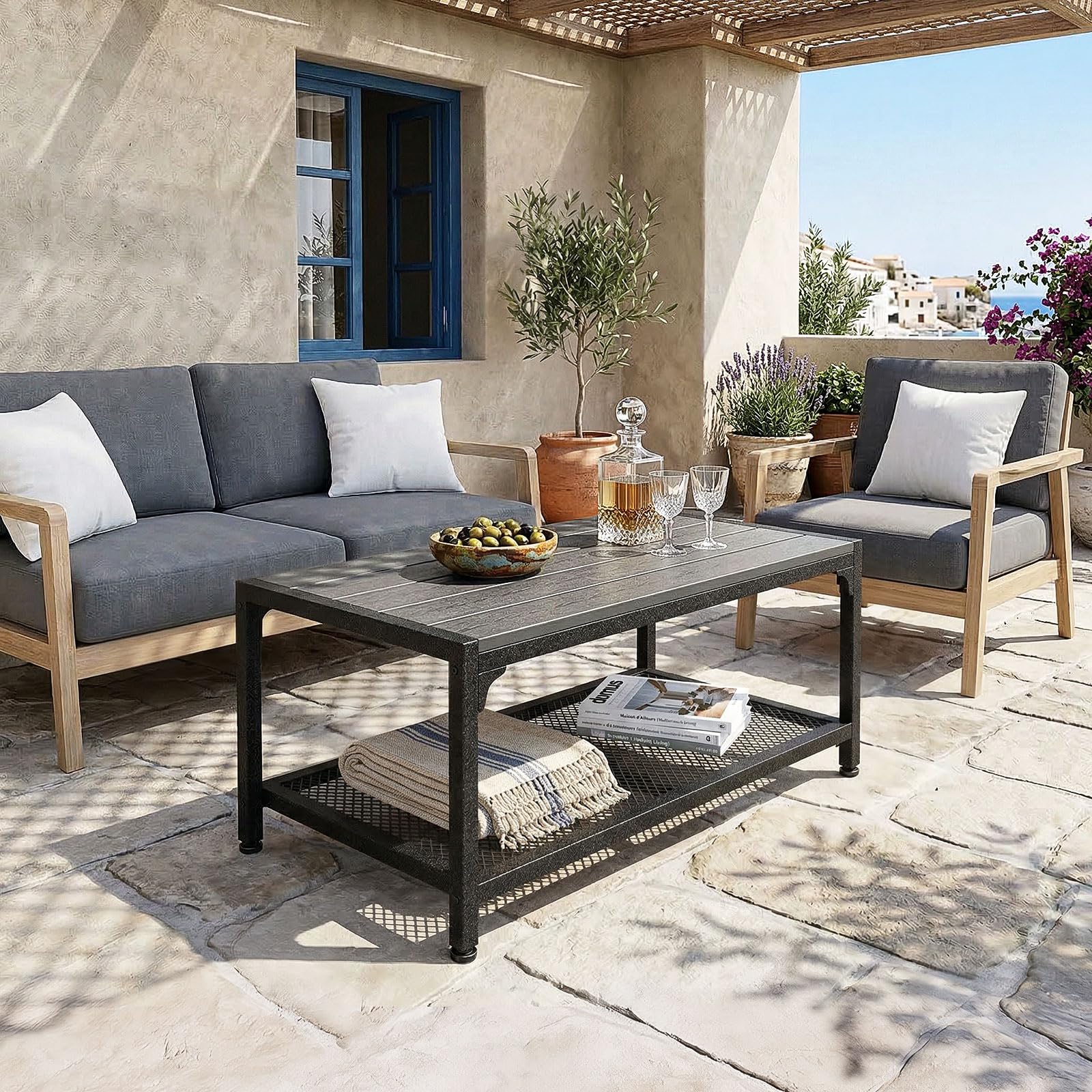Table basse d'extérieur avec rangement double couche, rectangulaire résistante aux intempéries, cadre en métal robuste, gris
