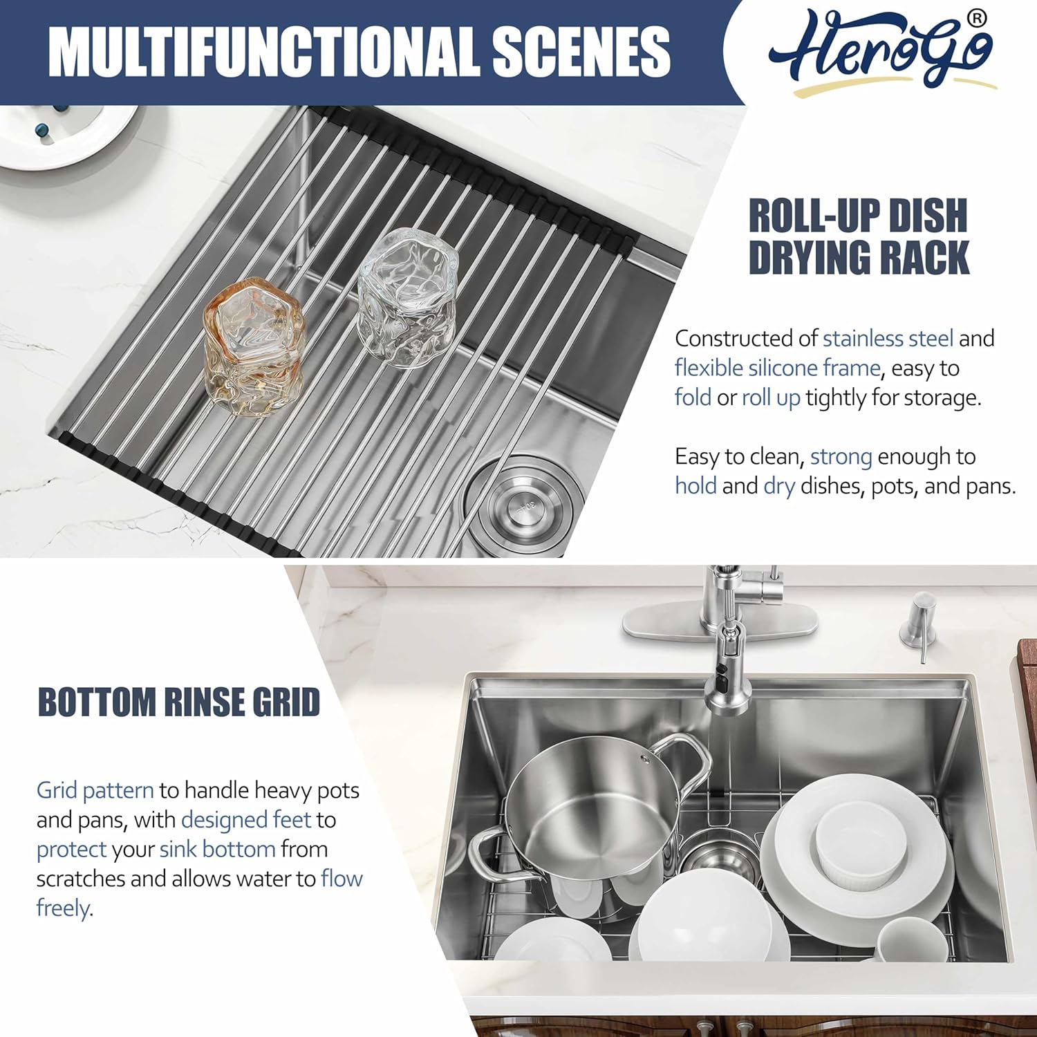 27x18Inch Undermount Kitchen Sink, Herogo Stainless Steel Single Bowl Handmade 16 Gauge 10'' Deep Kitchen Workstaion Sink Basin with Accessories