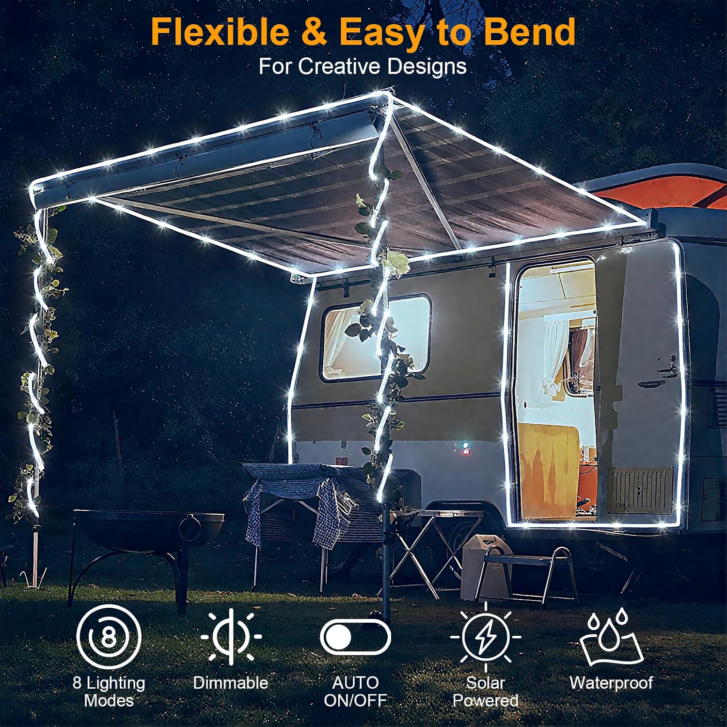 Total 66FT 200LED Solar Rope Lights Outdoor Waterproof, White Solar Powered Fairy Lights with 8 Modes, Flexible Solar String Lights for Garden, Patio, Camping, Christmas Decor-2 Pack
