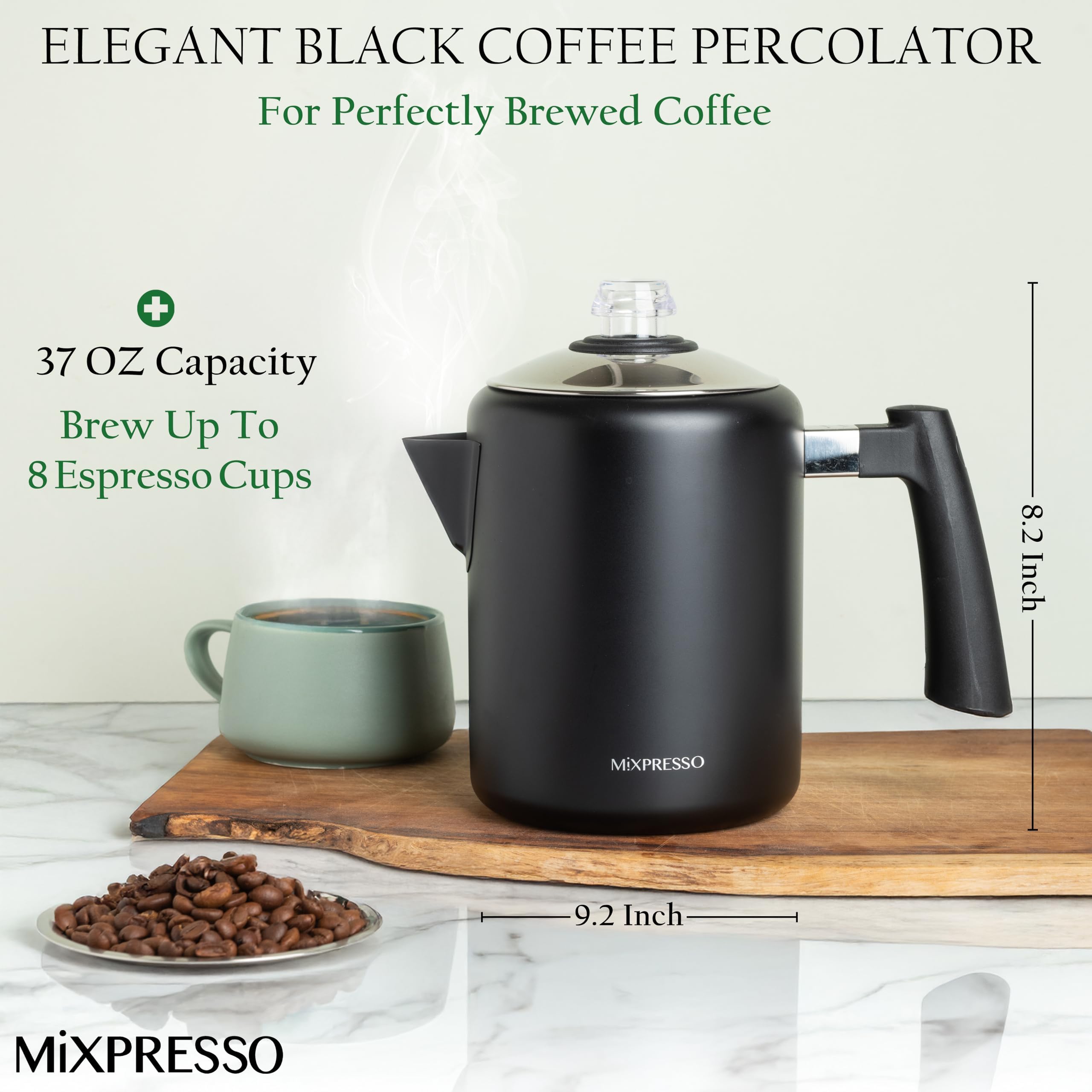 Mixpresso Estufa de acero inoxidable para café, cafetera percoladora, color negro.