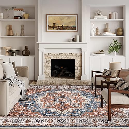 Miniatura 3 de Alfombras de 3 x 5, lavables a máquina, para entrada, resistentes a las manchas, antideslizante, con patrón de medallón vintage (naranja, 3 x 5 pies)