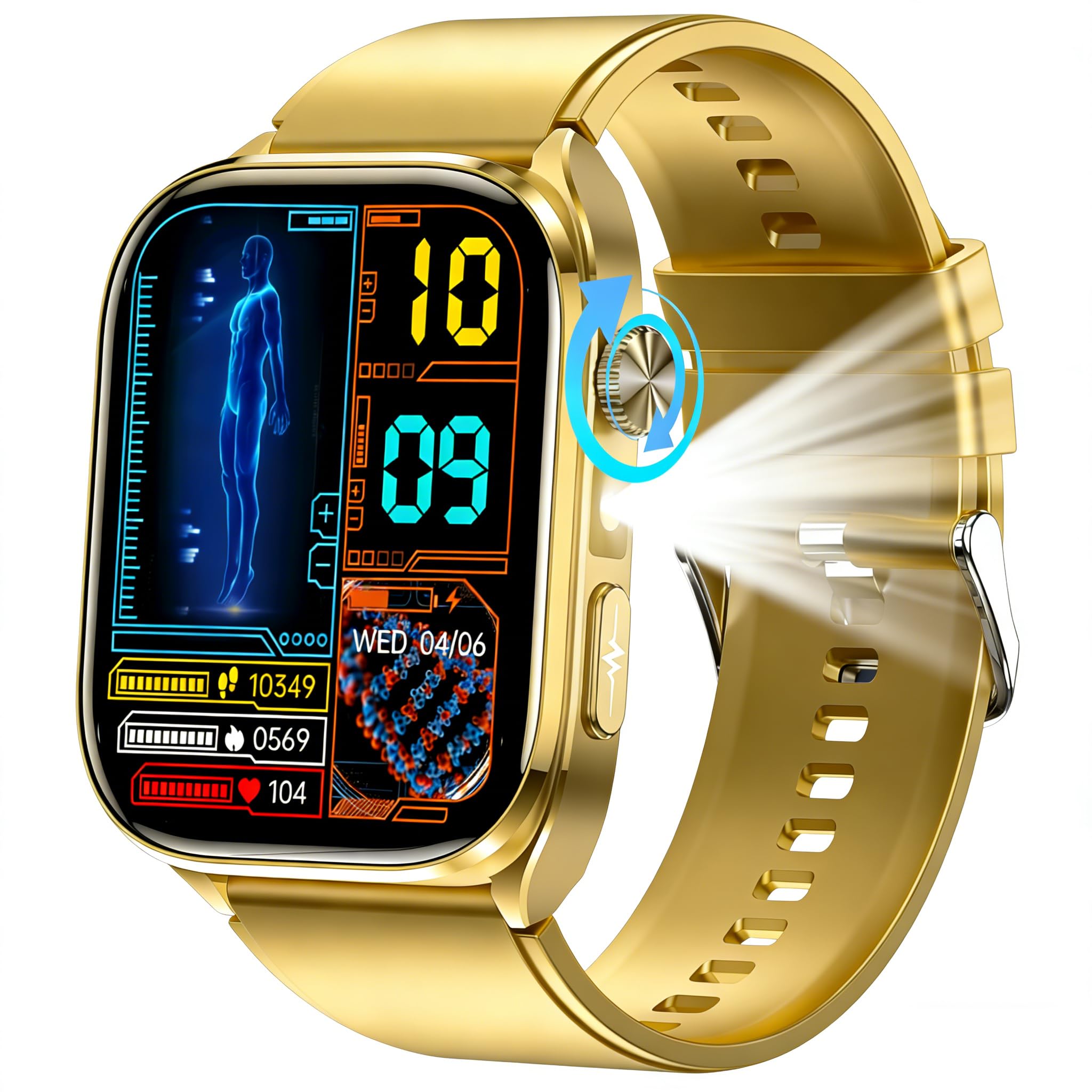 Reloj Inteligente Salud Hombre ECG+HRV/BMI, AI Chatgpt, Linterna, dorado