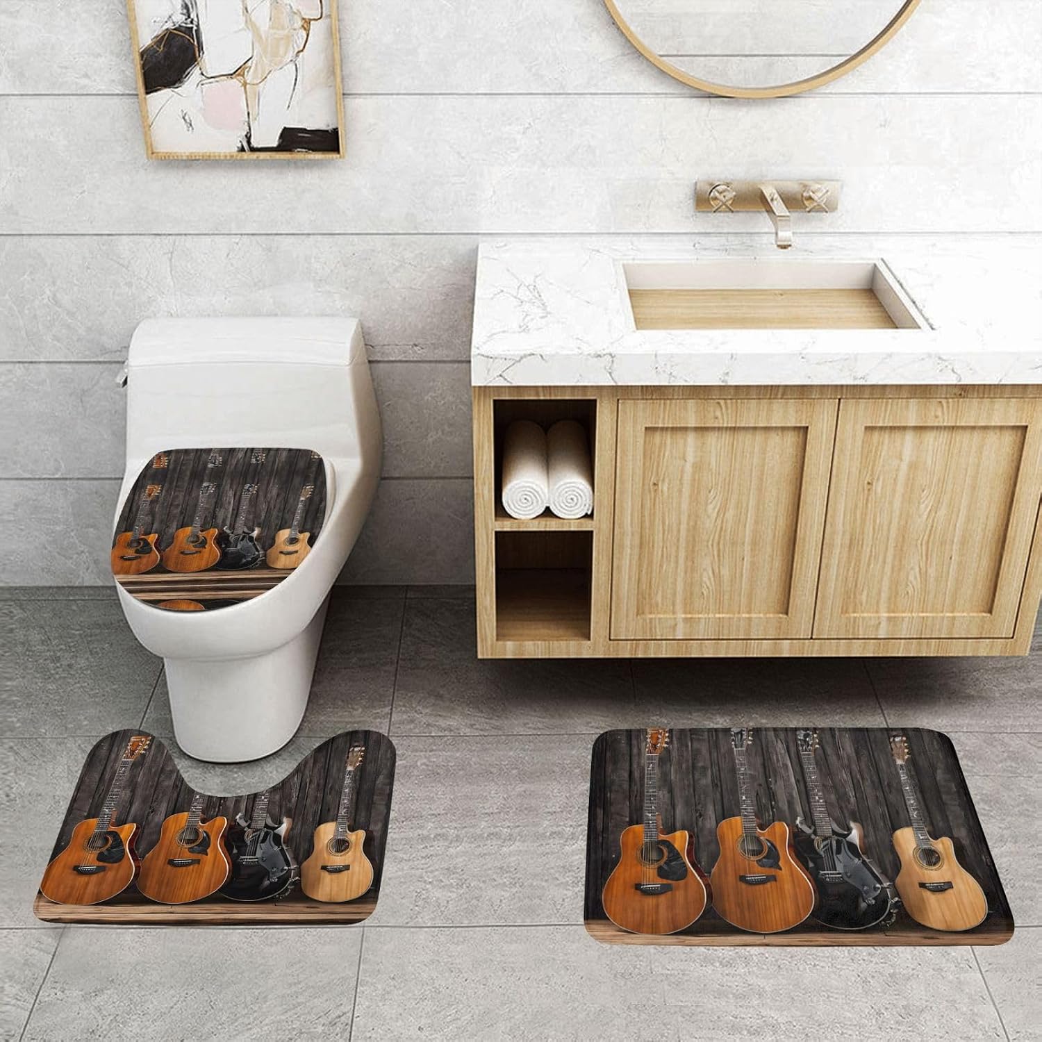 Guitar Bass Music Musical Instruments Print 3pc Bathroom Rug Set, Soft Flannel, Non-Slip, Absorbent Bath Mat, Contour & Lid Cover, Hand Wash