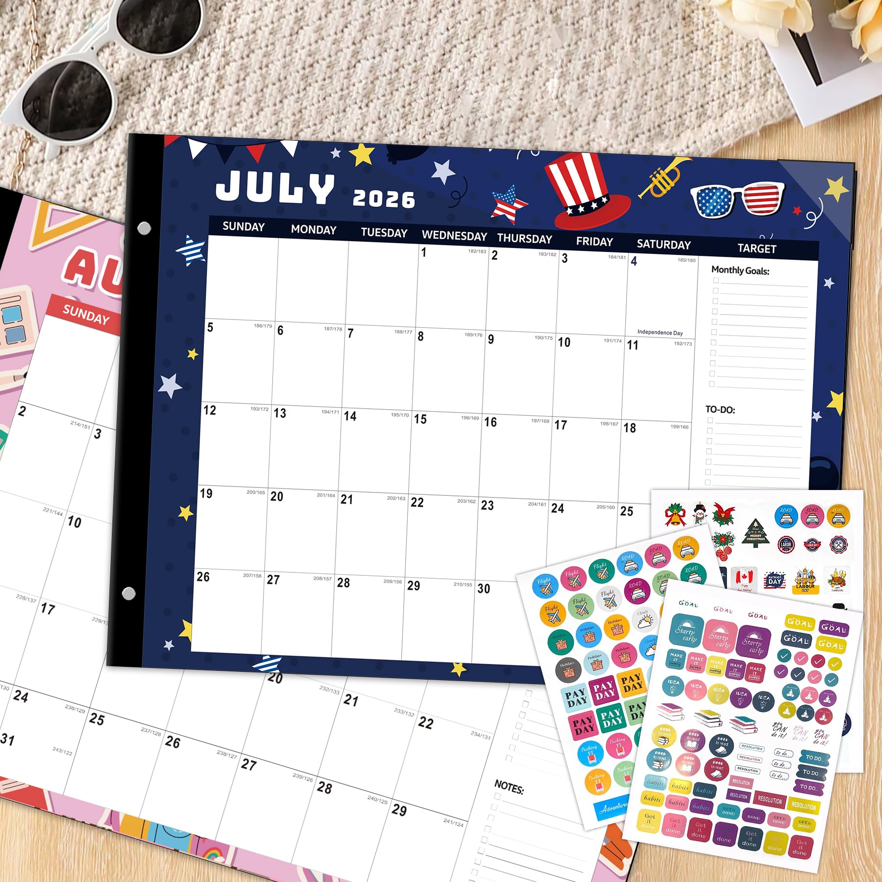 Schreibtischkalender 2026–2027, monatlich, Schreibtischunterlage, 18 Monate von Januar 2026 bis Juni 2027, extra groß, 55,9 x 43,2 cm, Terminplaner, bunte saisonale Designs, inklusive Aufklebern