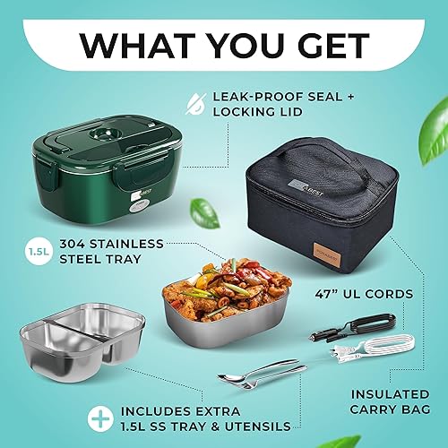 Miniatura 3 de FORABEST Lonchera térmica de 80 W para adultos, calentador de alimentos portátil con 2 recipientes de acero inoxidable de 1.5 L, utensilios, bolsa