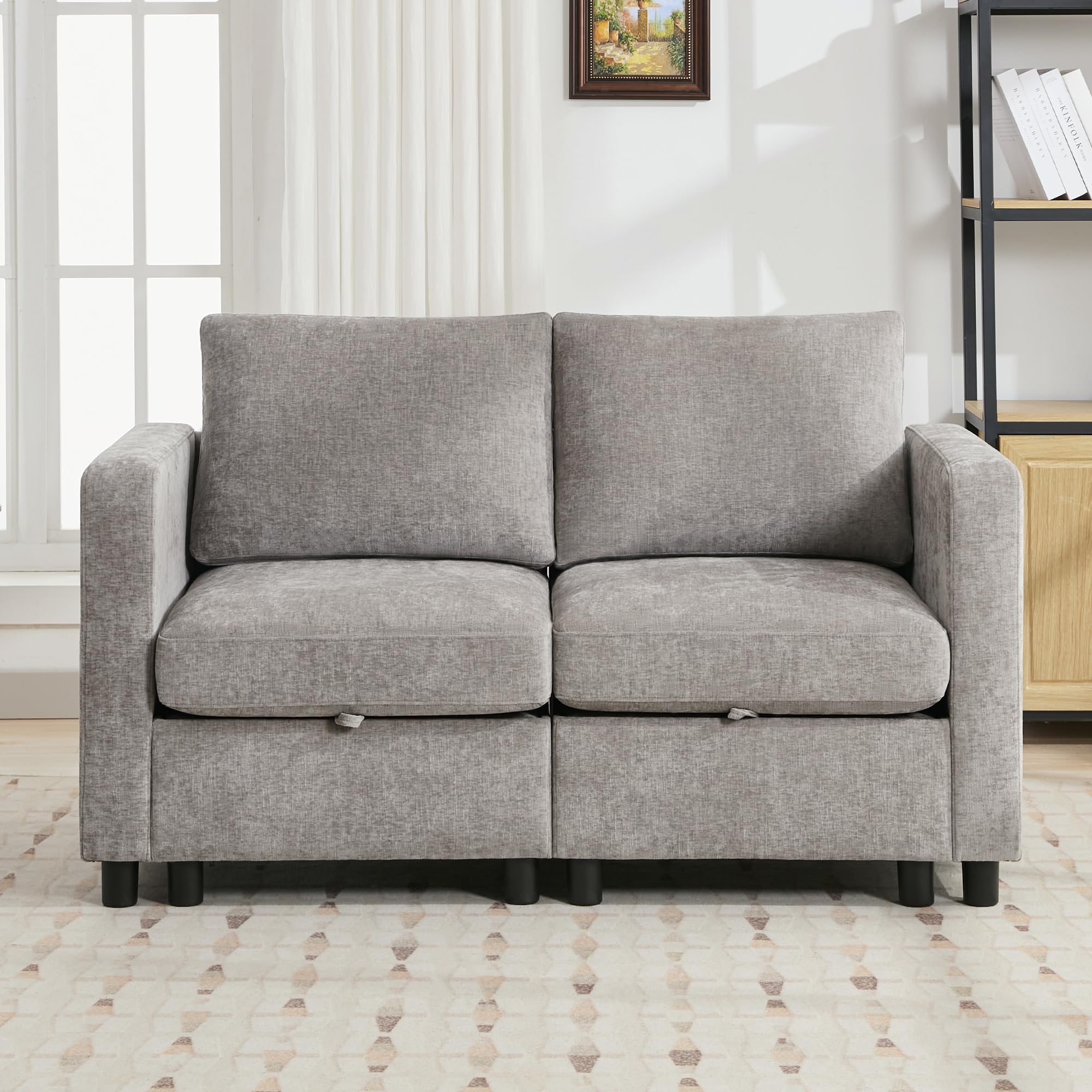 58”Modular Sectional Loveseat Sofa, Modern Love Seat 2 Seater Sofa Couch with Storage, Chenille Modular Sectional Couch for Living Room, Bedroom, Office, Small Apartment, Light Grey