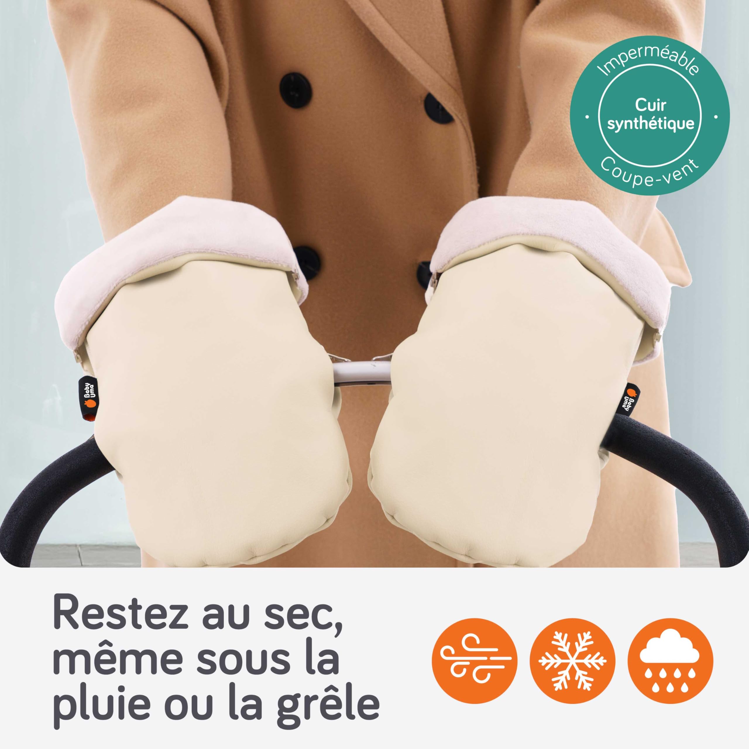 Baby Uma Gant Poussette Bébé - Moufles Poussette Doublées Polaire Ultra-Douces, Simili-Cuir Imperméable Coupe-Vent, Accessoire Poussette Universel avec Fermetures Zippées (Beige)
