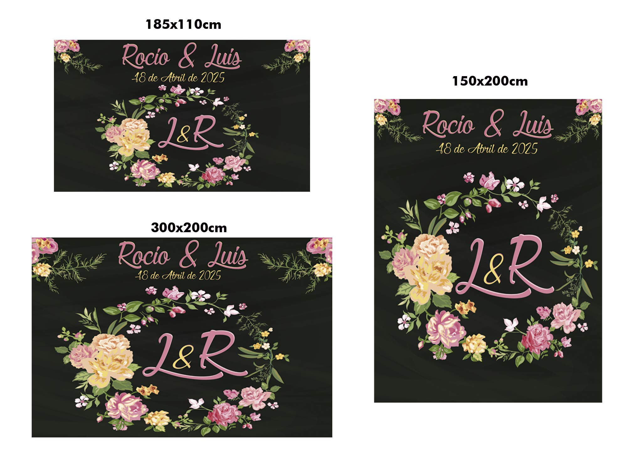 Oedim Photocall Personalizado en Tela Boda Flores con Fondo Negro | 185 x 110 cm | Photocall Personalizado Económico y Original |