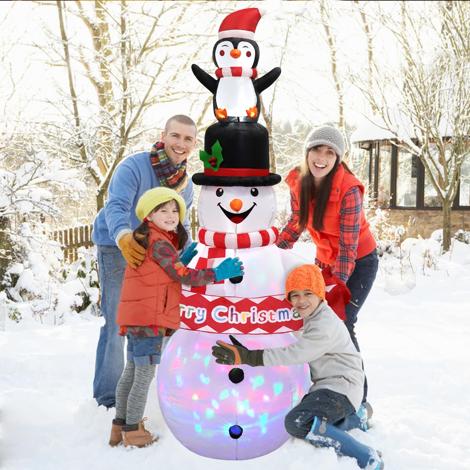 LOMOHOO Aufblasbarer Schneemann-Dekoration, aufblasbarer Schneemann-Pinguine mit eingebauten rotierenden bunten LED-Lichtern, Outdoor-Weihnachtsdekoration für Hof, Garten, Rasen, Veranda, Urlaub