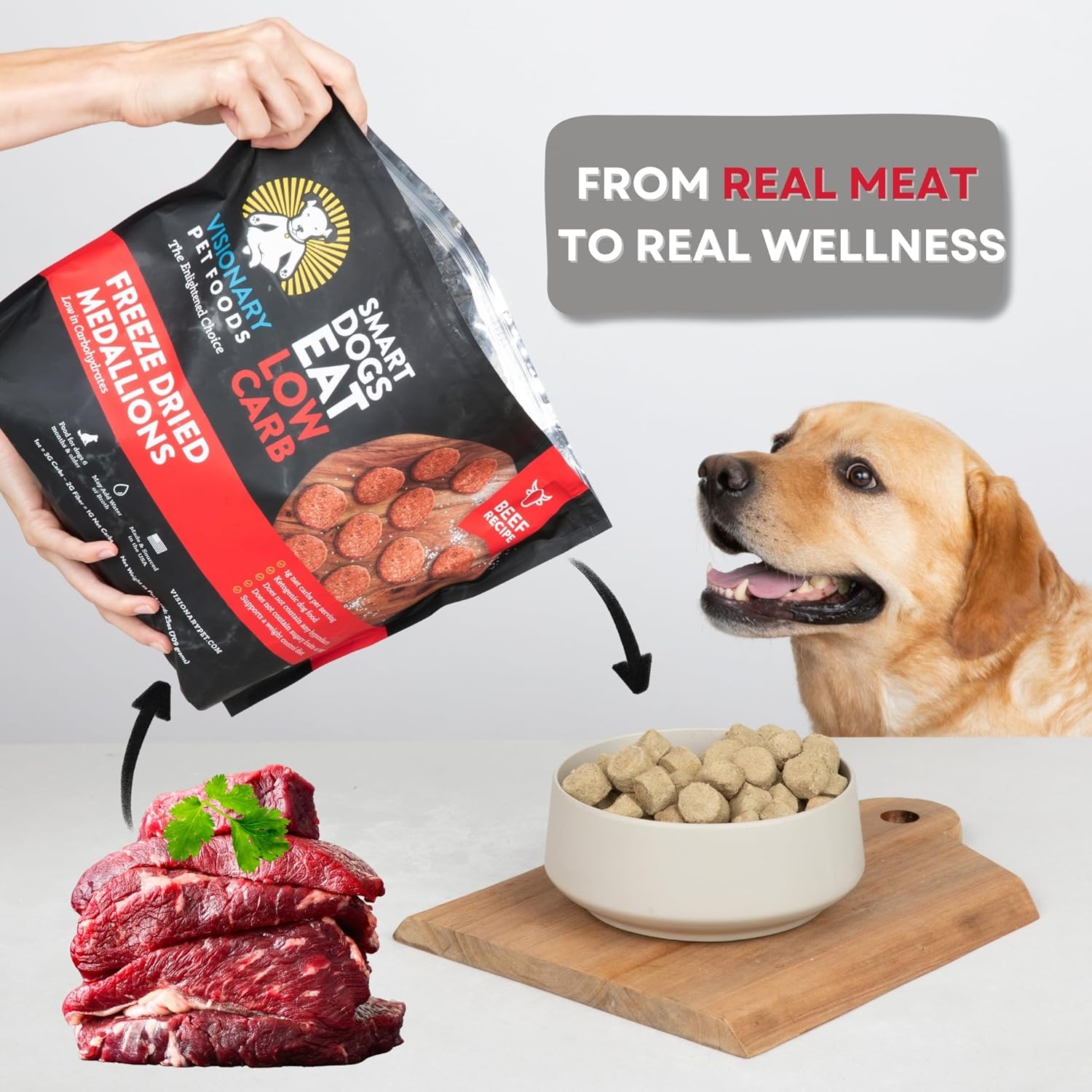 Visionary Pet Foods Freeze Dried Raw Dog Food, Topper & Meal Mixer – Real Beef | KetoPet Research Formula | Less Than 1g Net Carbs | Ketogenic | Grain Free High Protein | Made in USA | 25oz