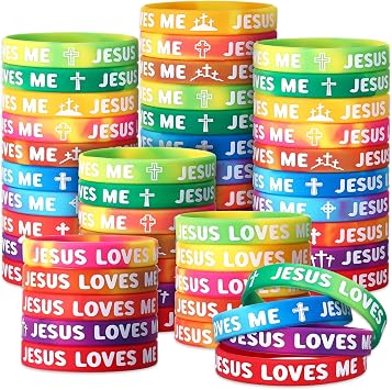 100 Pcs Jesus Loves Me Wristbands Bulk 10 Styles Rainbow Religious Silicone Bracelets Christian cross Silicone Wristbands Gift for Bible School Church Group