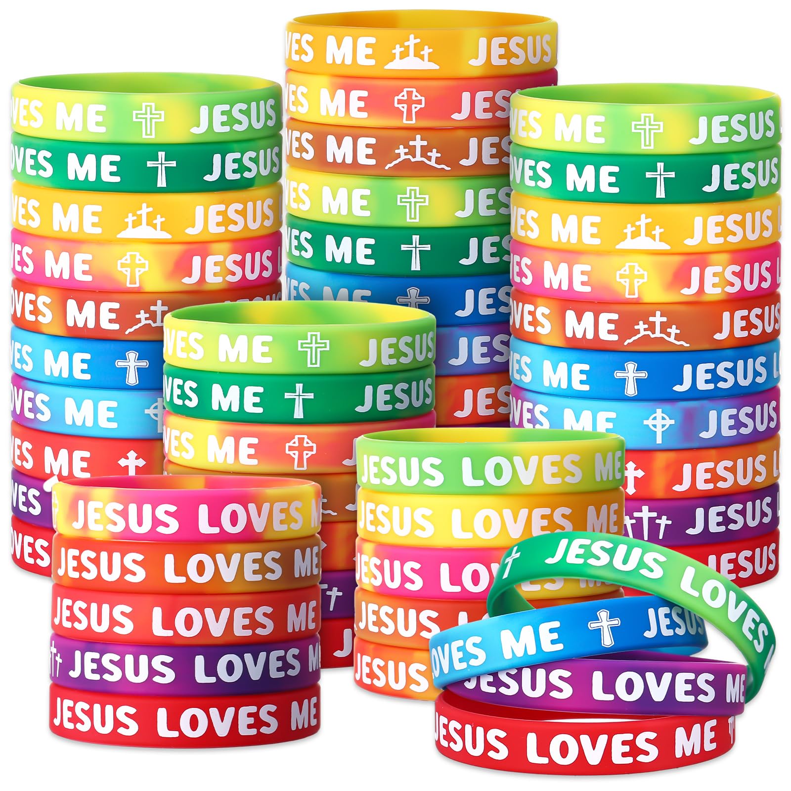 PullCrease 30 Pcs Jesus Loves Me Wristbands Bulk 10 Styles Rainbow Religious Silicone Bracelets Christian Cross Silicone Wristbands Gift for Bible School Church Group