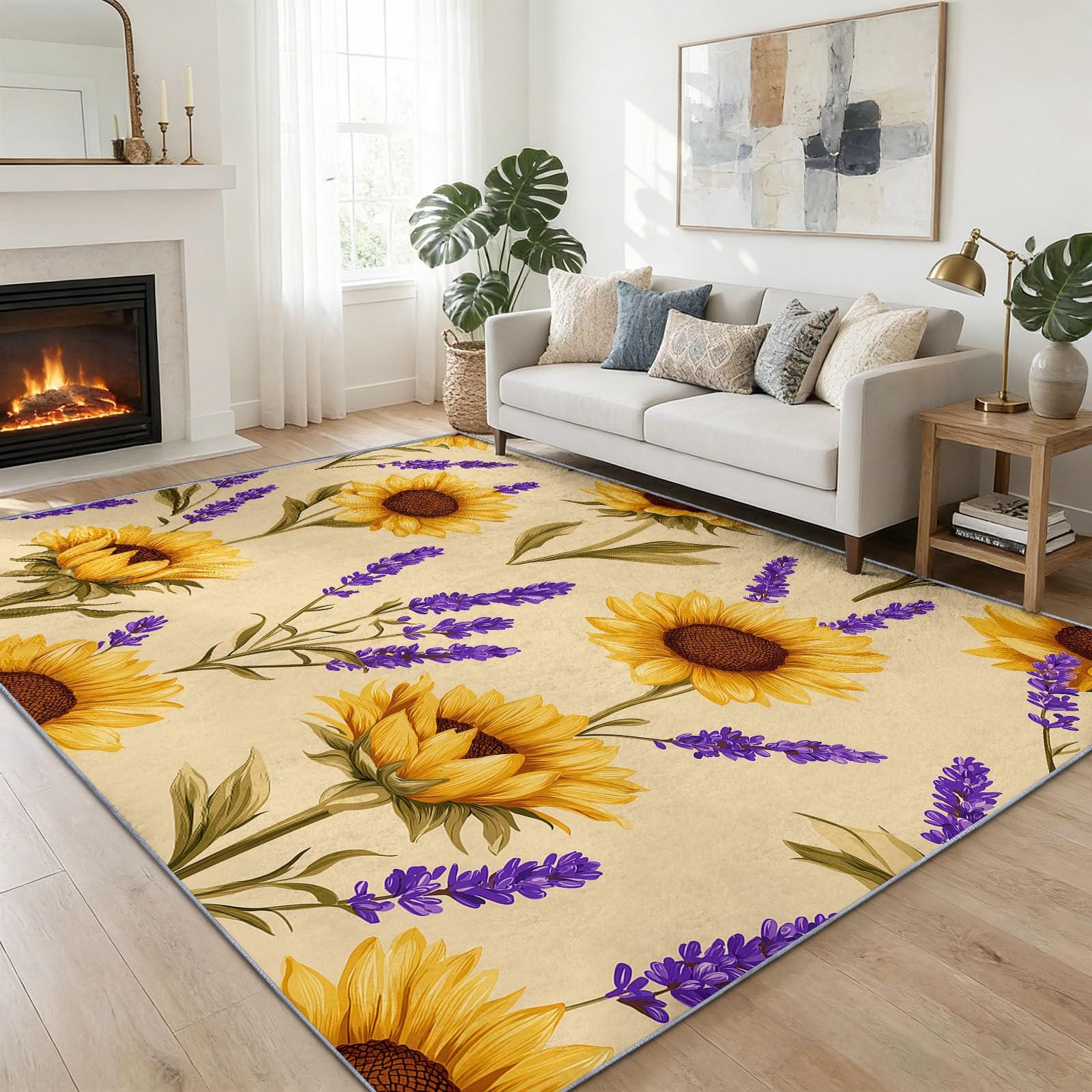 Tapis de salon lavable 160 x 230 cm antidérapant au motif tournesol jaune clair