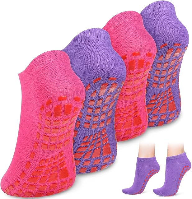 2 Pairs Non Slip Yoga Socks with Grips Women Anti Skid Grip Socks Pilates Barre Sticky Grippers Socks for Pilates, Yoga, Barre, Dance, Home, Body Balance (Purple, Rose Red)
