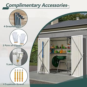 BIRCHTREE Garden Shed Metal Pent Roof 4FT X 8FT Outdoor Storage With Free Foundation Grey and White