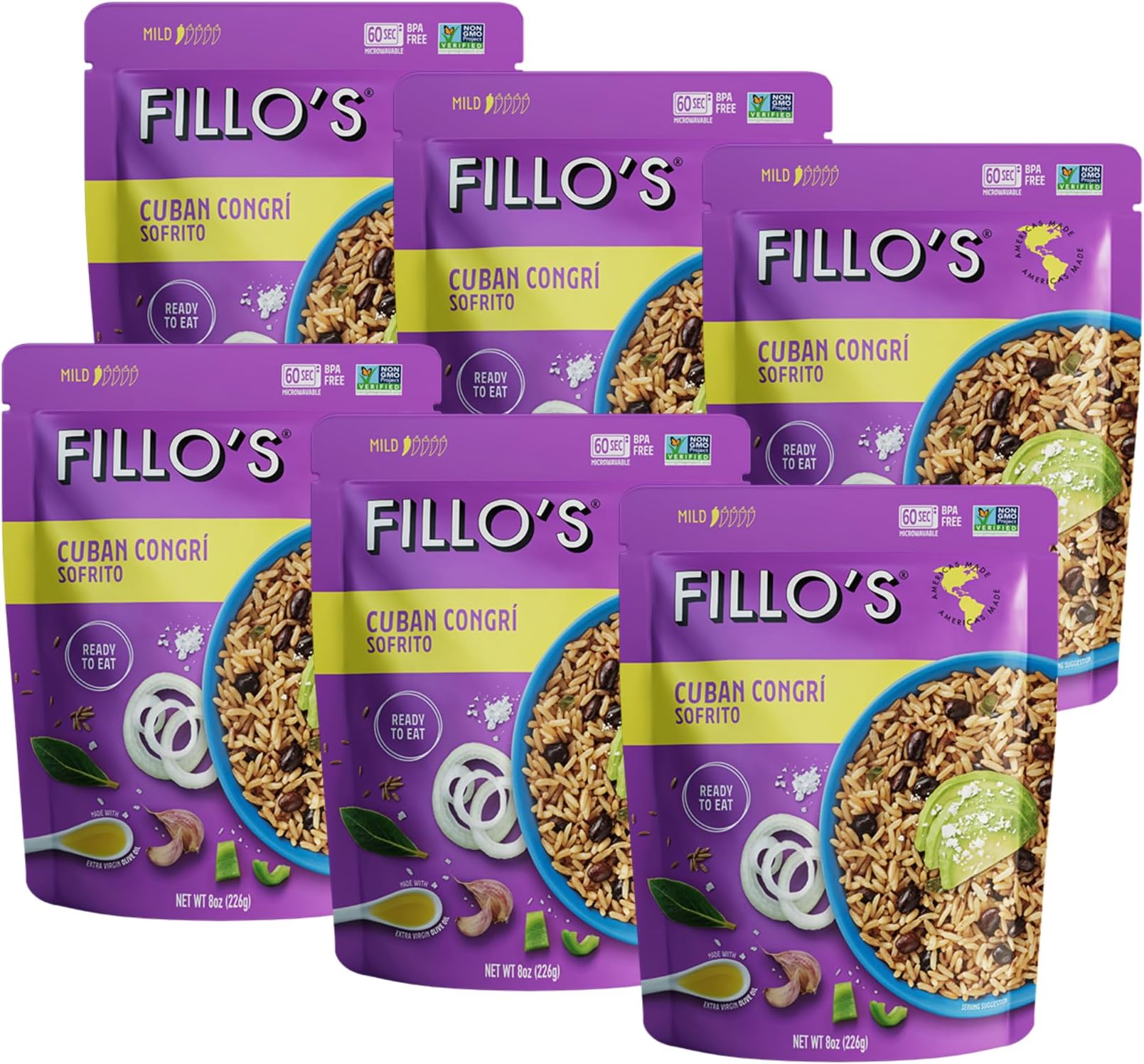 Fillo's Cuban Congri - Black Beans and Rice, Ready to Eat Rice with Beans, 8 oz Pk of 6, Gluten-Free, Preservative-Free, Microwavable Meals, Non-GMO, Vegan