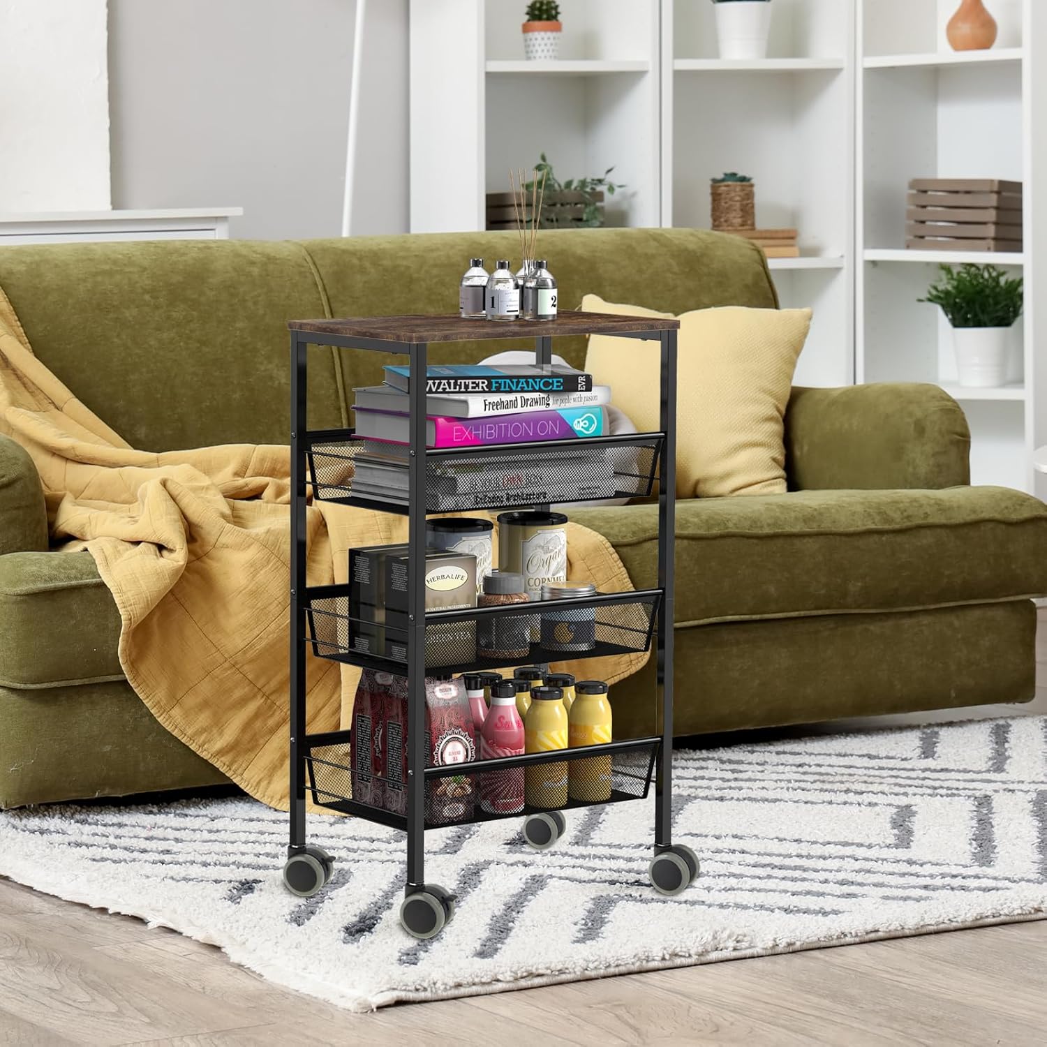 Kitchen Cart with Drawers, 4-Tier Rolling Cart with Wood Tabletop, Lockable Wheels Utility Storage Cart, Vegetable Organizer for Kitchen, Serving Cart with Mesh Basket, Industrial Brown