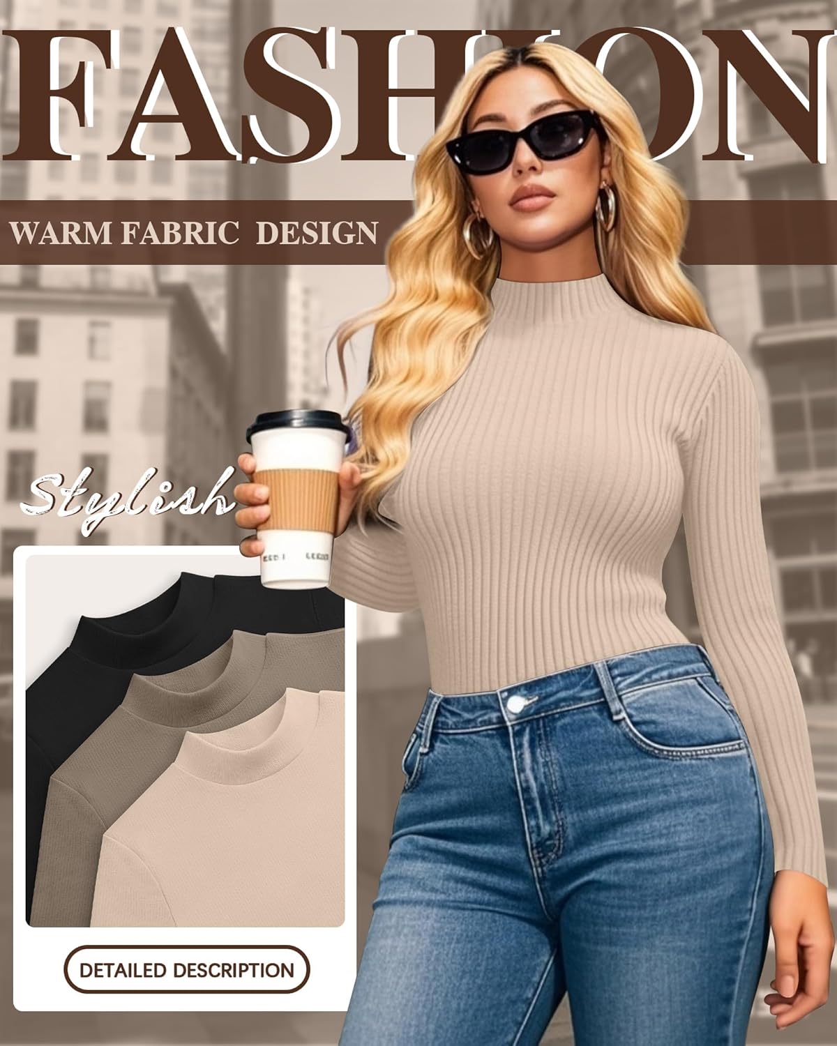 3 Pack Women's Plus Size Thermal Shirts Cotton Ribbed Long Sleeve T Shirts Mock Turtleneck Tops Base Layer Tee - Image 3