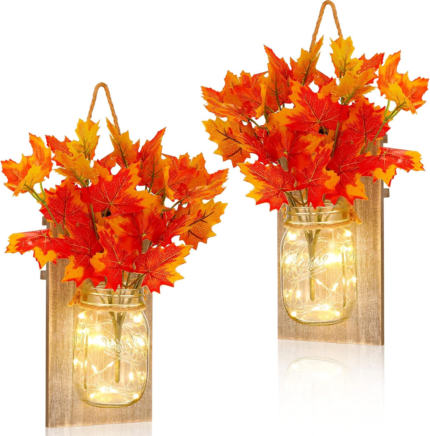 2 Pieces Fall Mason Jars Sconce Maple Leaves Rustic Mason Jars Sconce Fall Leaf Wall Hanging Decor with Led Strip Lights for Thanksgiving Bathroom Bedroom Decor Supplies (Maple Leaves)