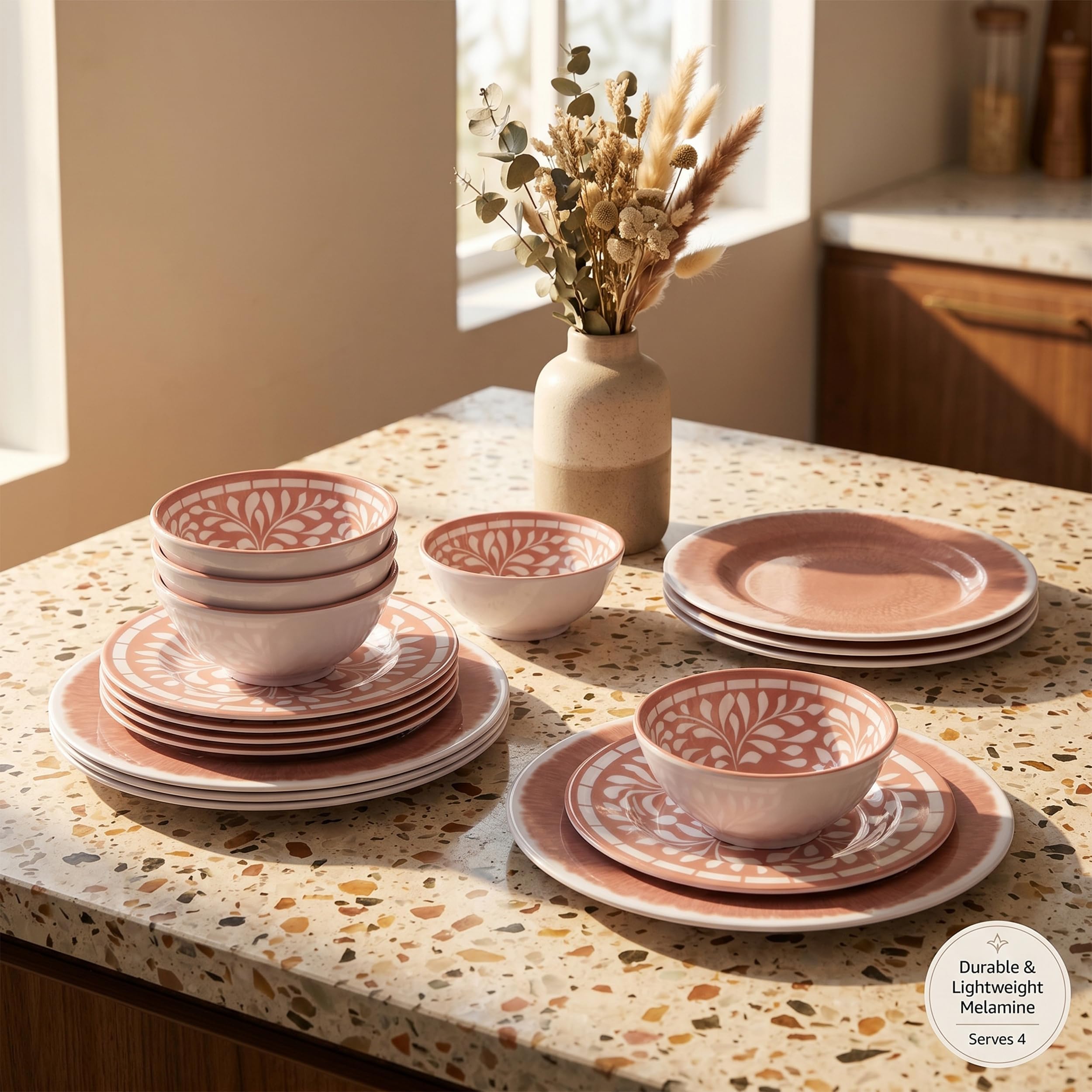 Melamine Dinnerware Sets - 12 Pcs Plates and Bowls Set Light Pink | Lightweight Dishes Set for 4, with Vintage Floral, Shatterproof Outdoor Indoor Dinnerware for Camping Everyday Use
