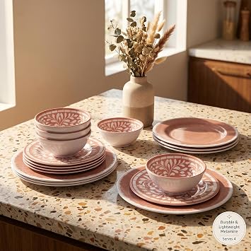 Melamine Dinnerware Sets,12 Pcs Plates and Bowls Set - Light Pink