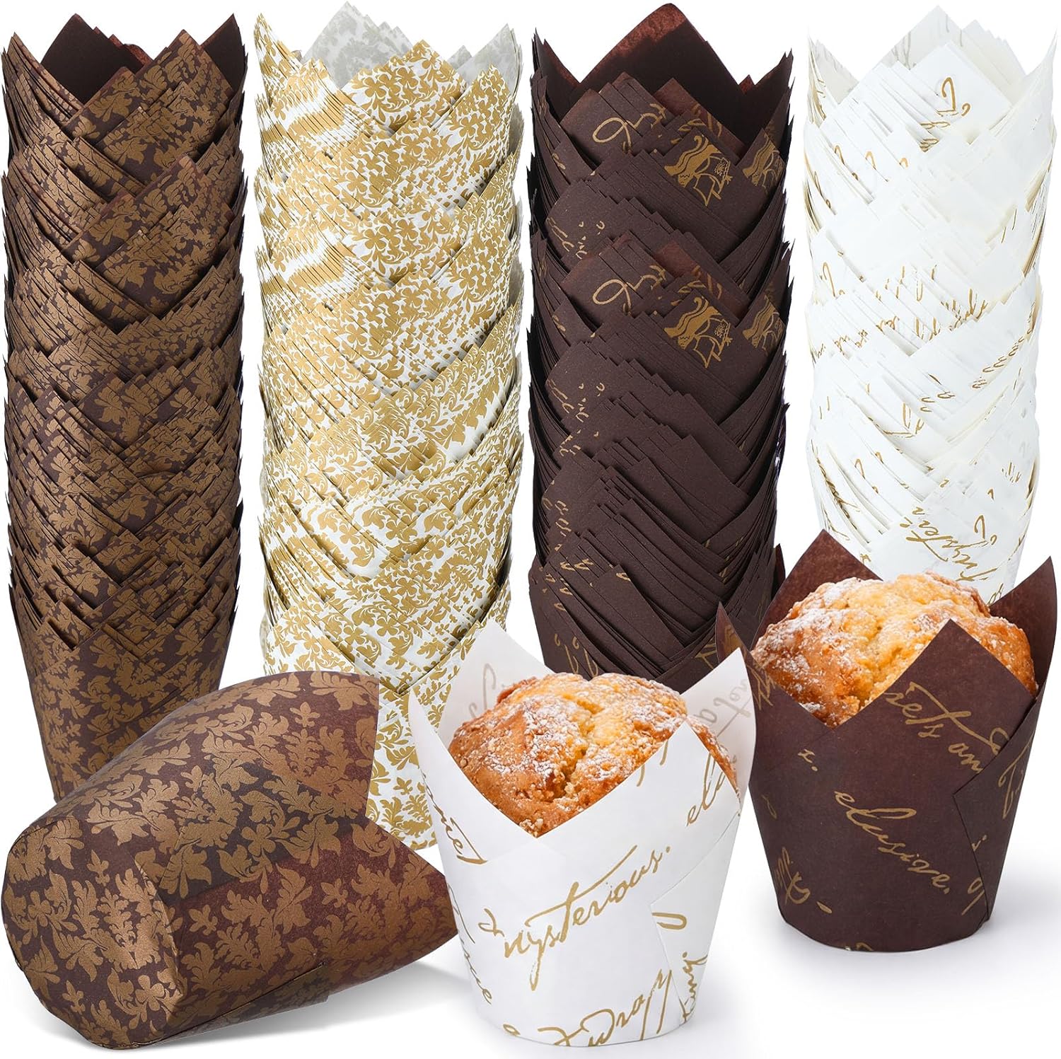 600 Pcs Tulip Cupcake Liners for Baking Muffin Liners Printed Baking Cups Holders Greaseproof Wrappers Decoration for Birthday Party Wedding (Printed Letters White, Coffee Color)