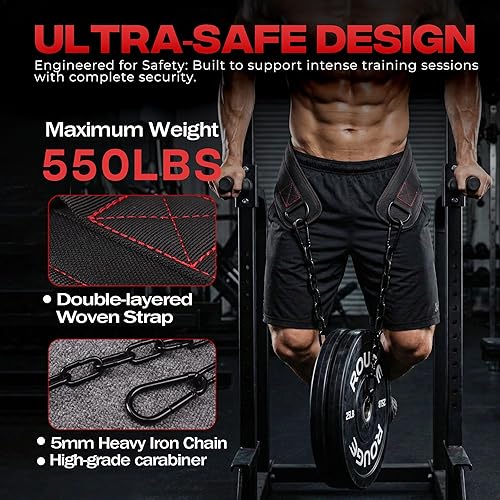 Miniatura 2 de Cinturón de inmersión para levantamiento de pesas con cadena, resistente capacidad de 550 a 650 libras, para inmersiones y dominadas