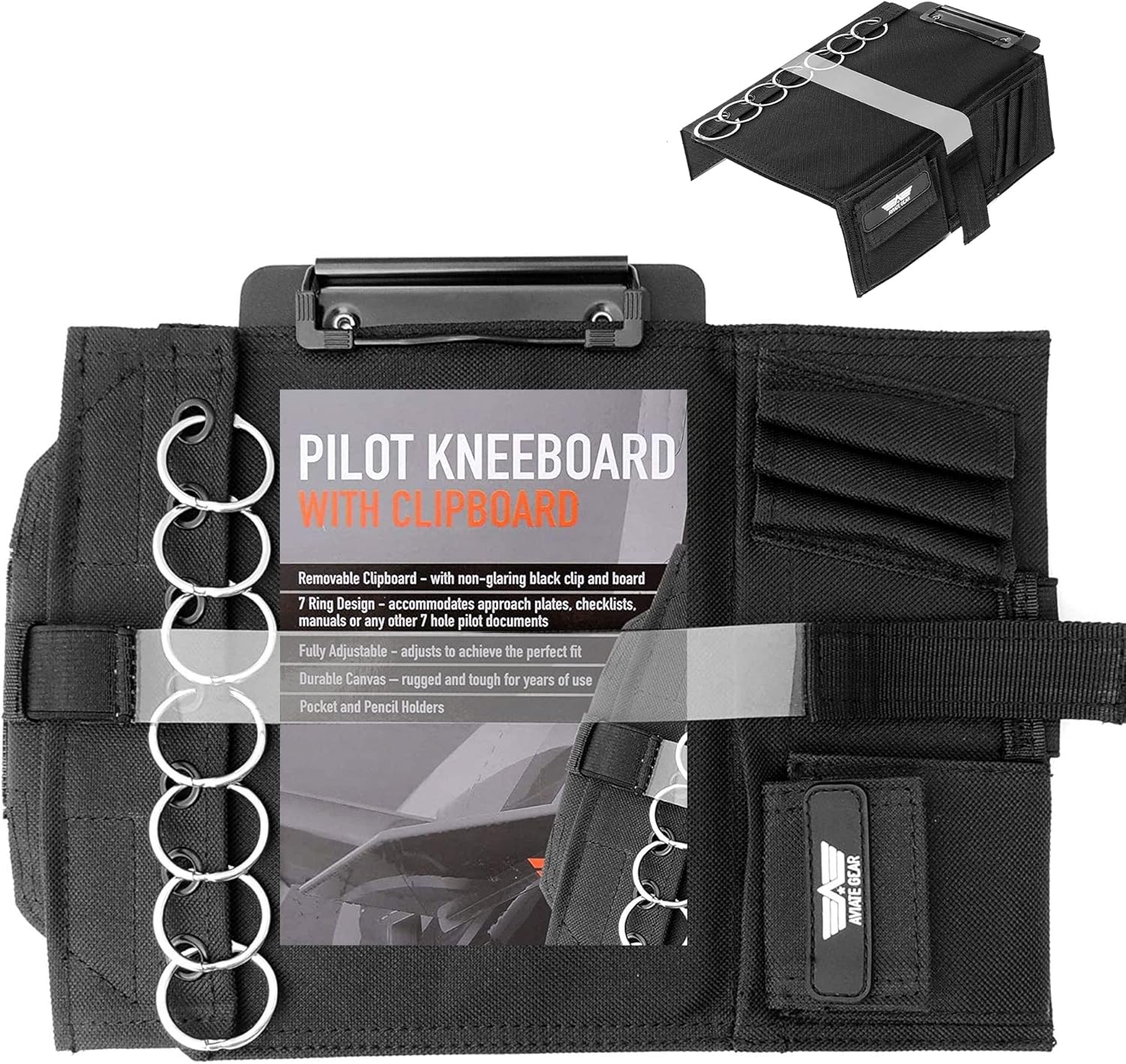 Performore Pilot Kneeboard – Includes Clipboard, Knee Strap & 7 Rings – Organize Approach Plates, Checklists & More – Secure & Convenient Aviation Knee Board for Professionals & Enthusiasts