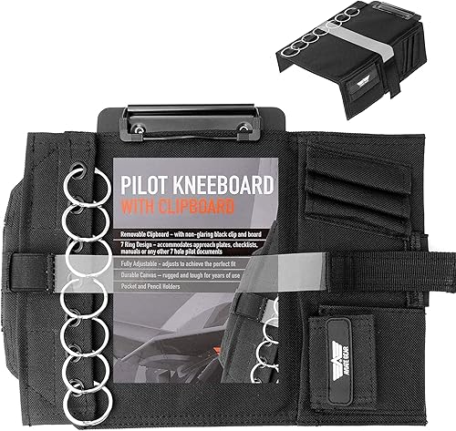 Performore Rodillera de piloto  Incluye portapapeles, correa para la rodilla y 7 anillos  Organiza placas de aproximación, listas de verificación y
