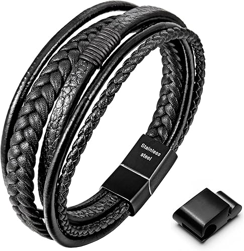 Speroto Pulsera ajustable de cuero para hombre con cierre de acero inoxidable, multicapa trenzada de cuero genuino para hombres y mujeres