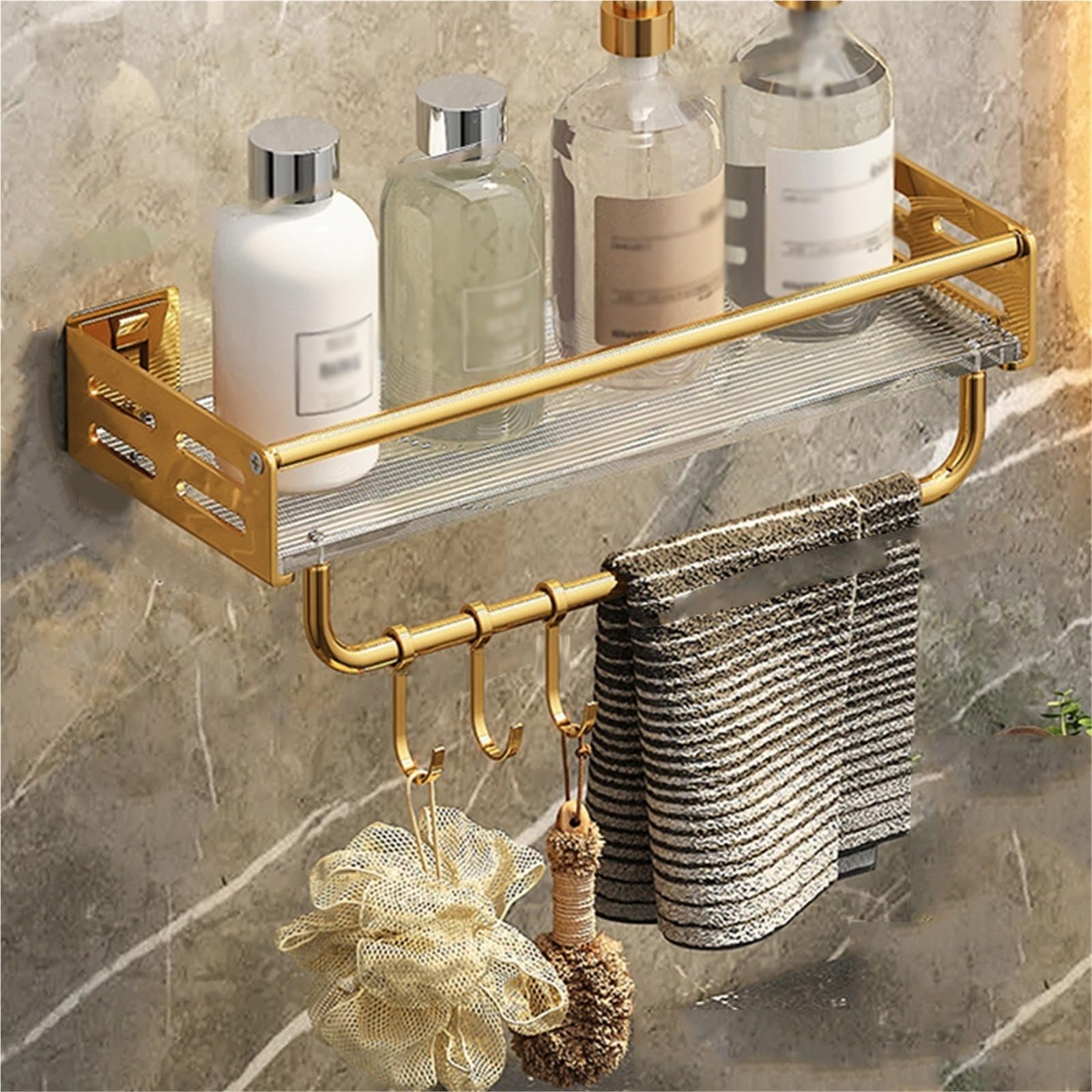 AYCDL Wall Mounted Shower Caddy with Hooks - Corner Bathroom Shelf nizer for Towels & Accessories - Space-Saving Storage Solution for Your Shower,Gold-1 layer 50CM