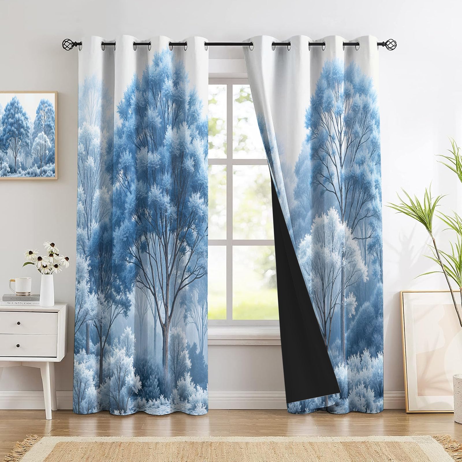 Pflanzenwald Vorhänge, Aquarellpflanzen Vorhang Blickdicht Thermo Verdunkelungsvorhänge Mit Ösen - Blau Gardinen Wohnzimmer Schlafzimmer Fenster - H175 x B140 cm (2er Pack)