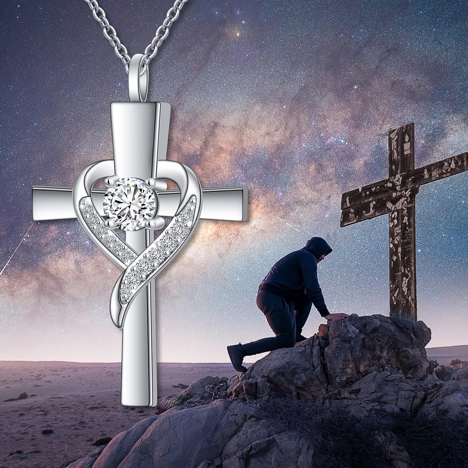 Asche Halskette Sterling Silber Urn Halsketten für Asche, S925 Sterling Silber Kreuz Herz Einäscherung Schmuck für Asche für Frauen Männer, Einäscherung Andenken Gedenkgeschenk